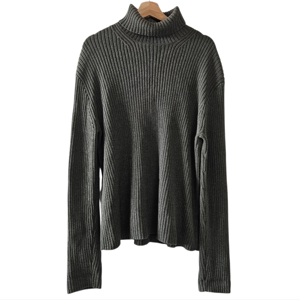 J Crew Dark Green Wide Rib Knit Turtleneck Sweater Top Womens Size  Large